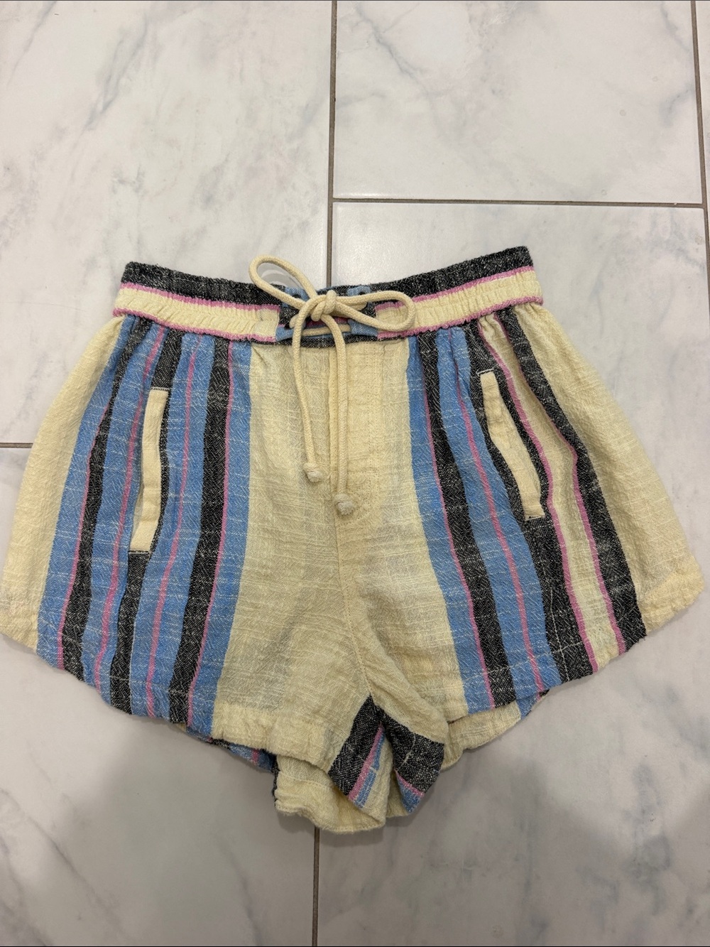 Free People Striped Cotton Drawstring Shorts Blue Cream X - Picture 8 of 10